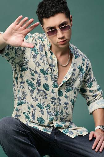 men's cream floral slim fit shirt