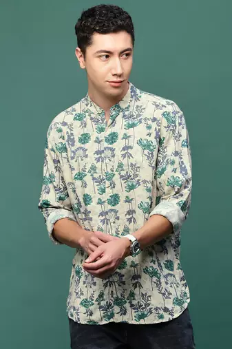 men's cream floral slim fit shirt