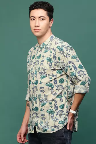 men's cream floral slim fit shirt