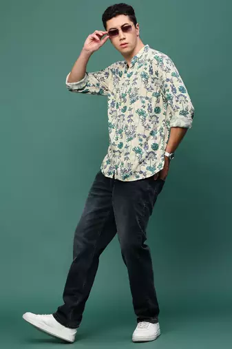 men's cream floral slim fit shirt