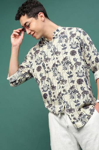men's cream floral slim fit shirt