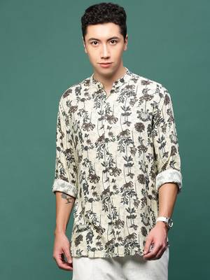 men's cream floral slim fit shirt 2