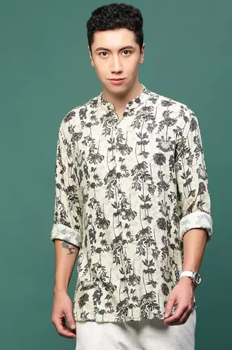 men's cream floral slim fit shirt
