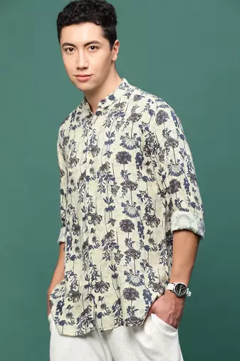 men's cream floral slim fit shirt