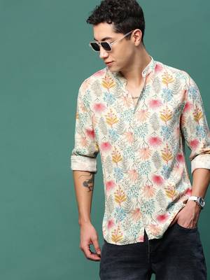 men's cream floral slim fit shirt 1