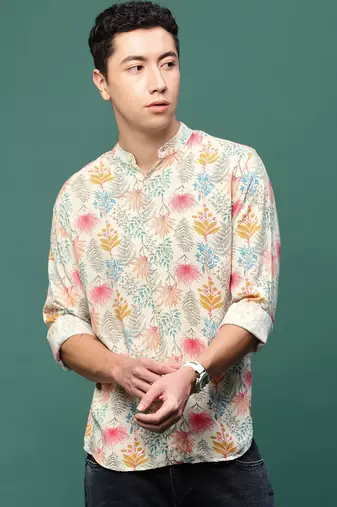 men's cream floral slim fit shirt