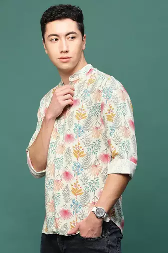men's cream floral slim fit shirt