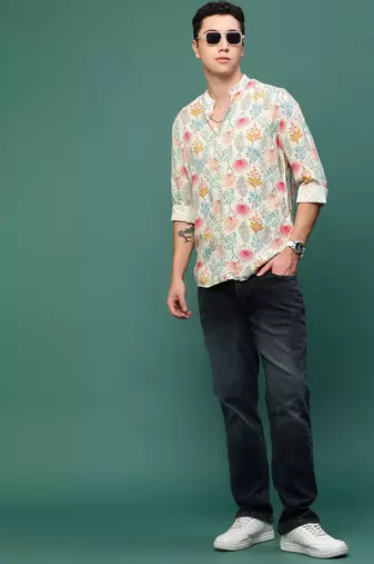 men's cream floral slim fit shirt