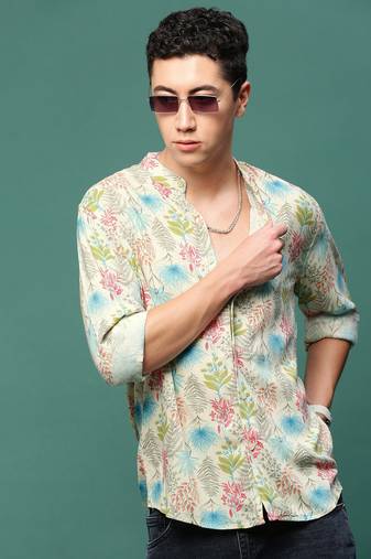 men's cream floral slim fit shirt