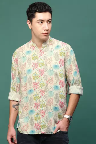 men's cream floral slim fit shirt