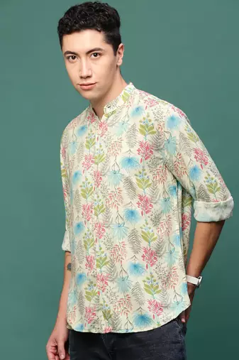 men's cream floral slim fit shirt