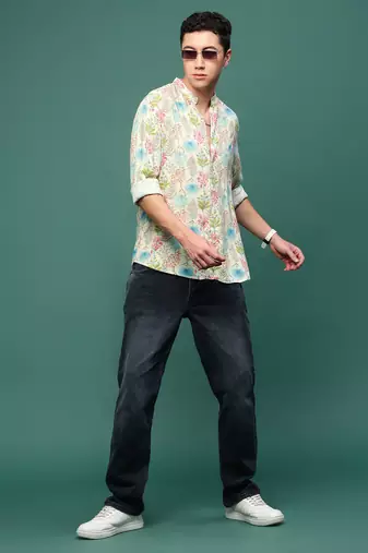 men's cream floral slim fit shirt