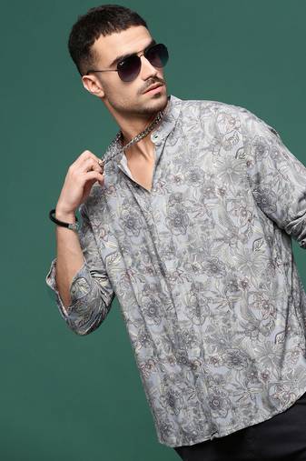 men's grey floral slim fit shirt