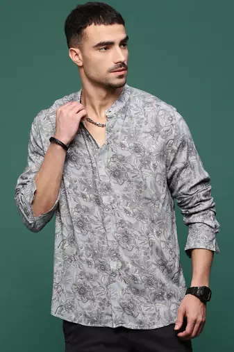 men's grey floral slim fit shirt