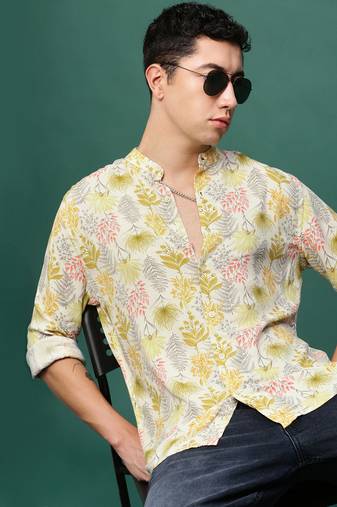 men's cream floral slim fit shirt
