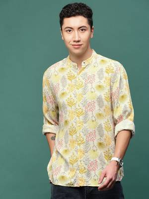 men's cream floral slim fit shirt 2