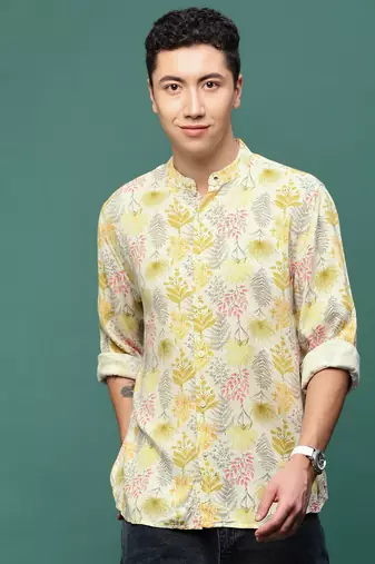 men's cream floral slim fit shirt