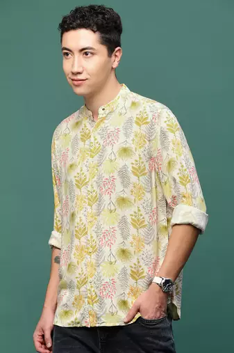 men's cream floral slim fit shirt