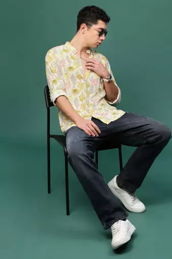 men's cream floral slim fit shirt