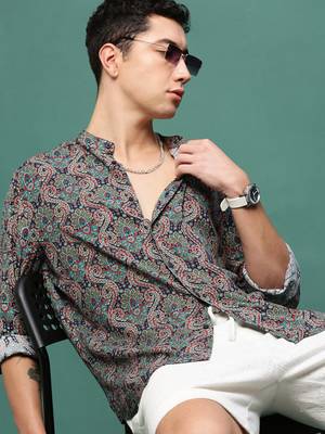 men's navy blue ethnic motifs slim fit shirt 1