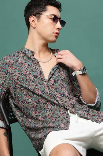 men's navy blue ethnic motifs slim fit shirt