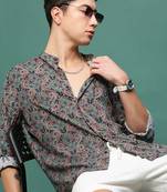 men's navy blue ethnic motifs slim fit shirt