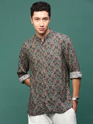 men's navy blue ethnic motifs slim fit shirt 2