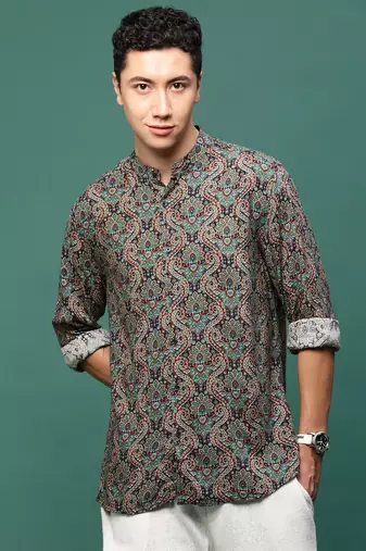 men's navy blue ethnic motifs slim fit shirt