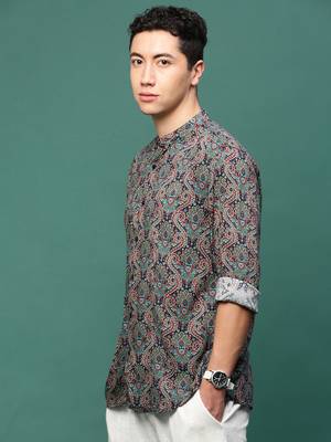 men's navy blue ethnic motifs slim fit shirt 3