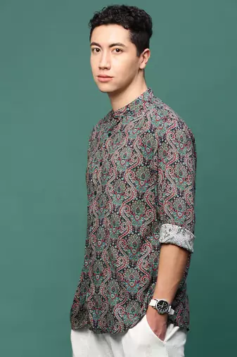 men's navy blue ethnic motifs slim fit shirt