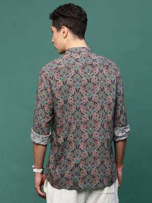men's navy blue ethnic motifs slim fit shirt 4