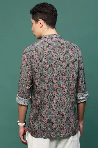 men's navy blue ethnic motifs slim fit shirt