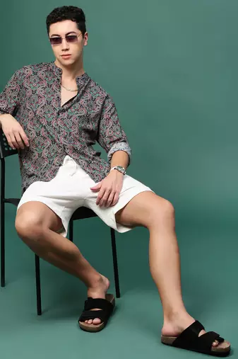 men's navy blue ethnic motifs slim fit shirt