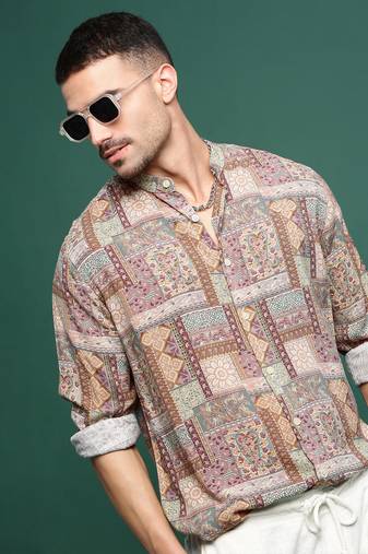 men's brown ethnic motifs slim fit shirt
