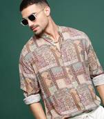 men's brown ethnic motifs slim fit shirt