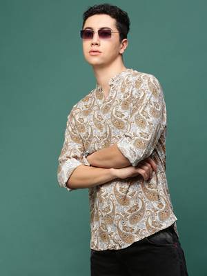 men's mustard ethnic motifs slim fit shirt 1