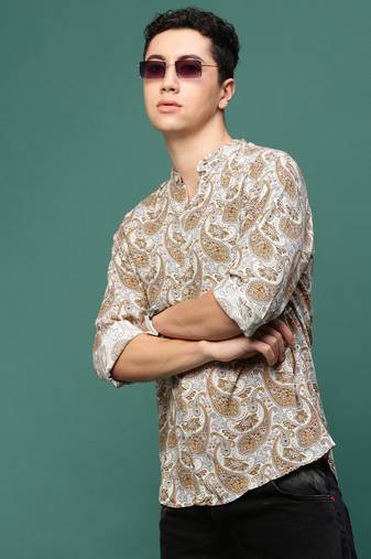 men's mustard ethnic motifs slim fit shirt