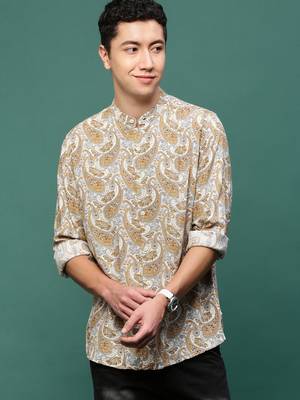 men's mustard ethnic motifs slim fit shirt 2