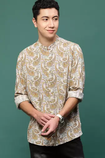 men's mustard ethnic motifs slim fit shirt