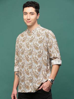 men's mustard ethnic motifs slim fit shirt 3