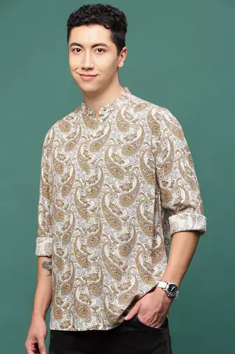 men's mustard ethnic motifs slim fit shirt