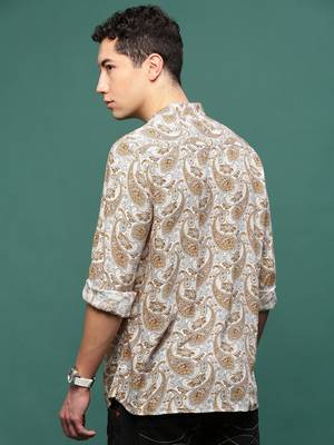 men's mustard ethnic motifs slim fit shirt 4
