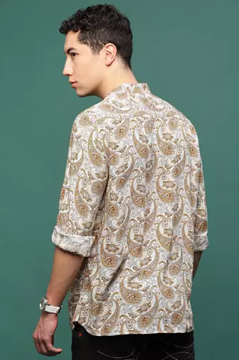 men's mustard ethnic motifs slim fit shirt