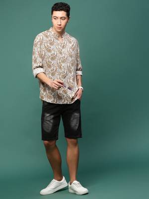 men's mustard ethnic motifs slim fit shirt 5