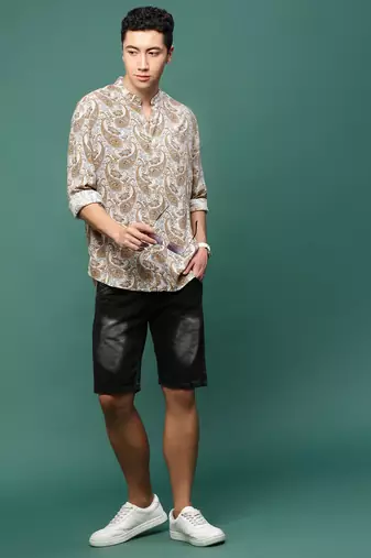 men's mustard ethnic motifs slim fit shirt
