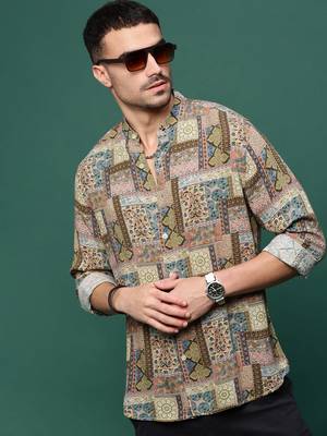 men's brown ethnic motifs slim fit shirt 1