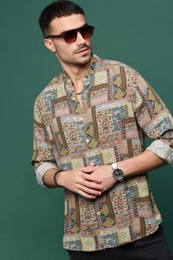 men's brown ethnic motifs slim fit shirt