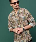 men's brown ethnic motifs slim fit shirt