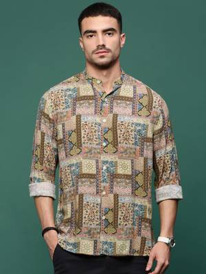 men's brown ethnic motifs slim fit shirt 2