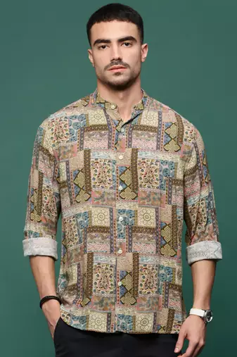 men's brown ethnic motifs slim fit shirt